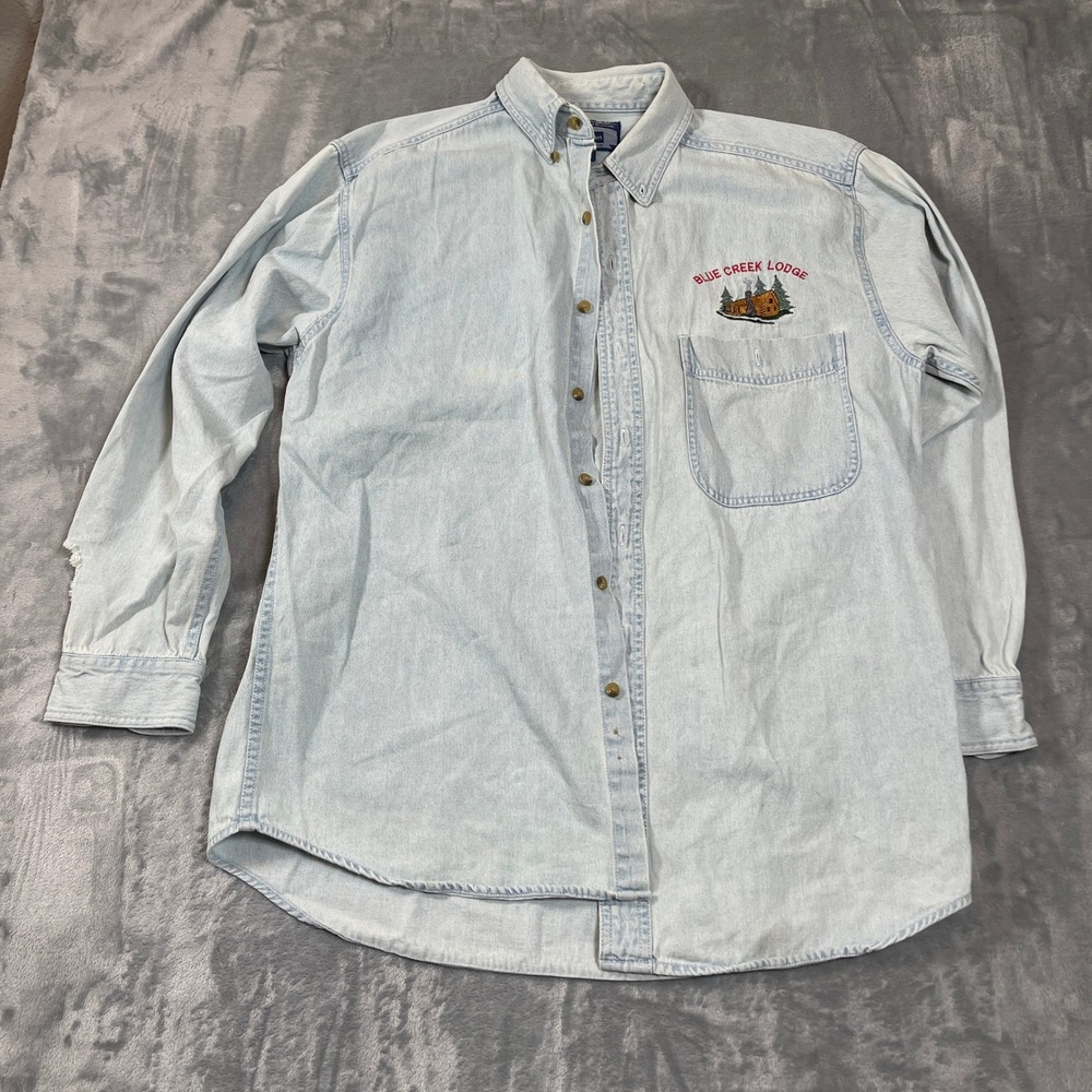 All Sport Real Good Denim Blue Creek Lodge Embroidered Shirt Mens M Light Wash